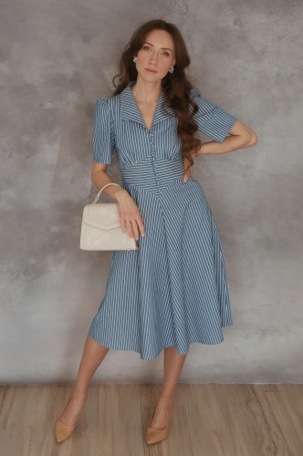 Sukienka ESTERA  niebieska w biały prążek, bawełniana.